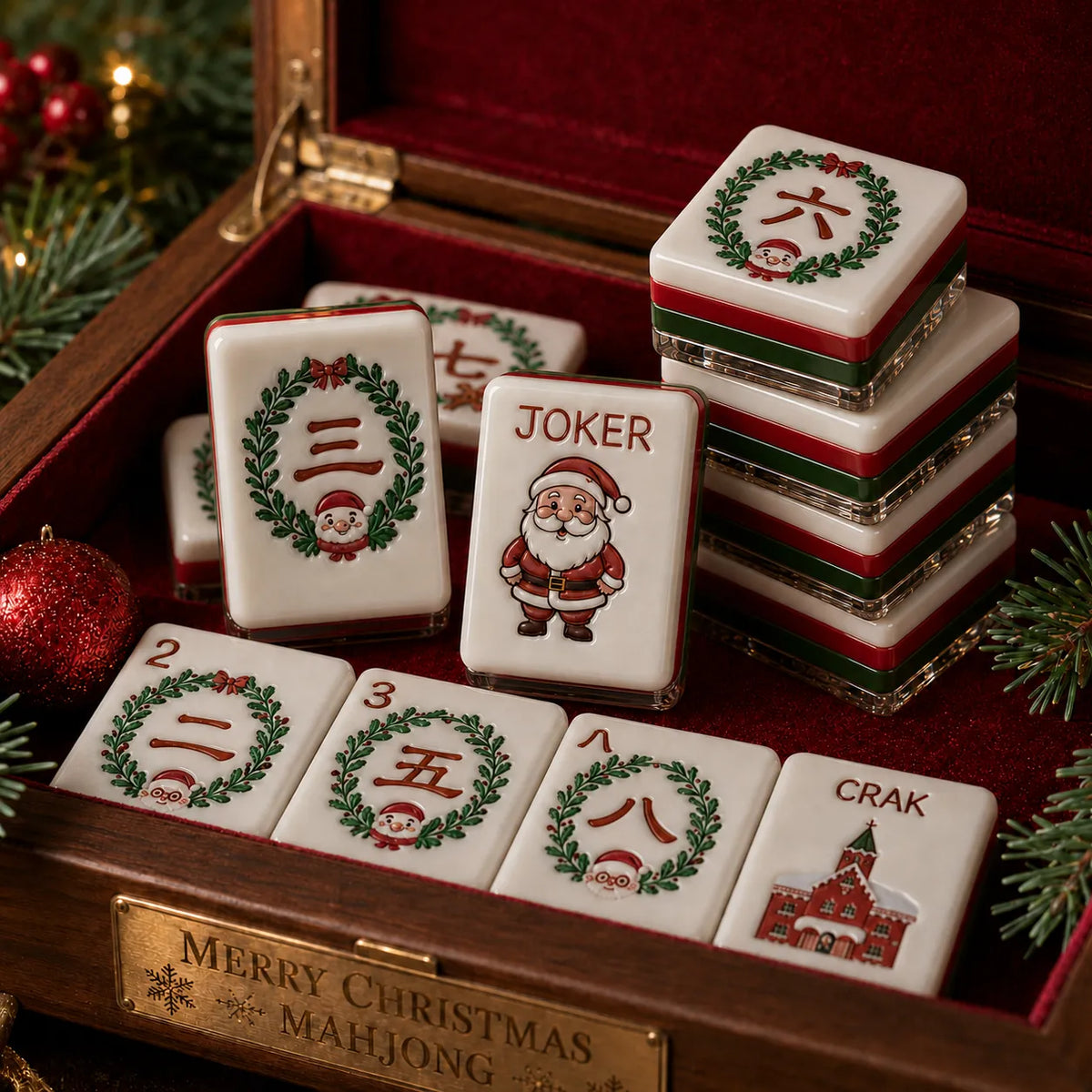 Craks suit artwork from the BamChive Christmas Magic American Mahjong set with festive holiday illustrations