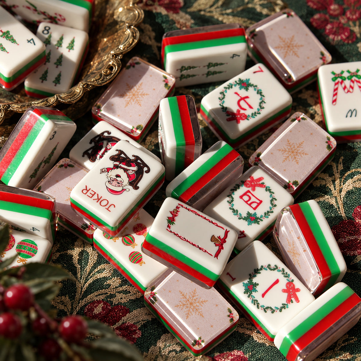 BamChive Christmas American mahjong tiles with Santa jokers, wreath designs, cream snowflake backs, and red and green layers.