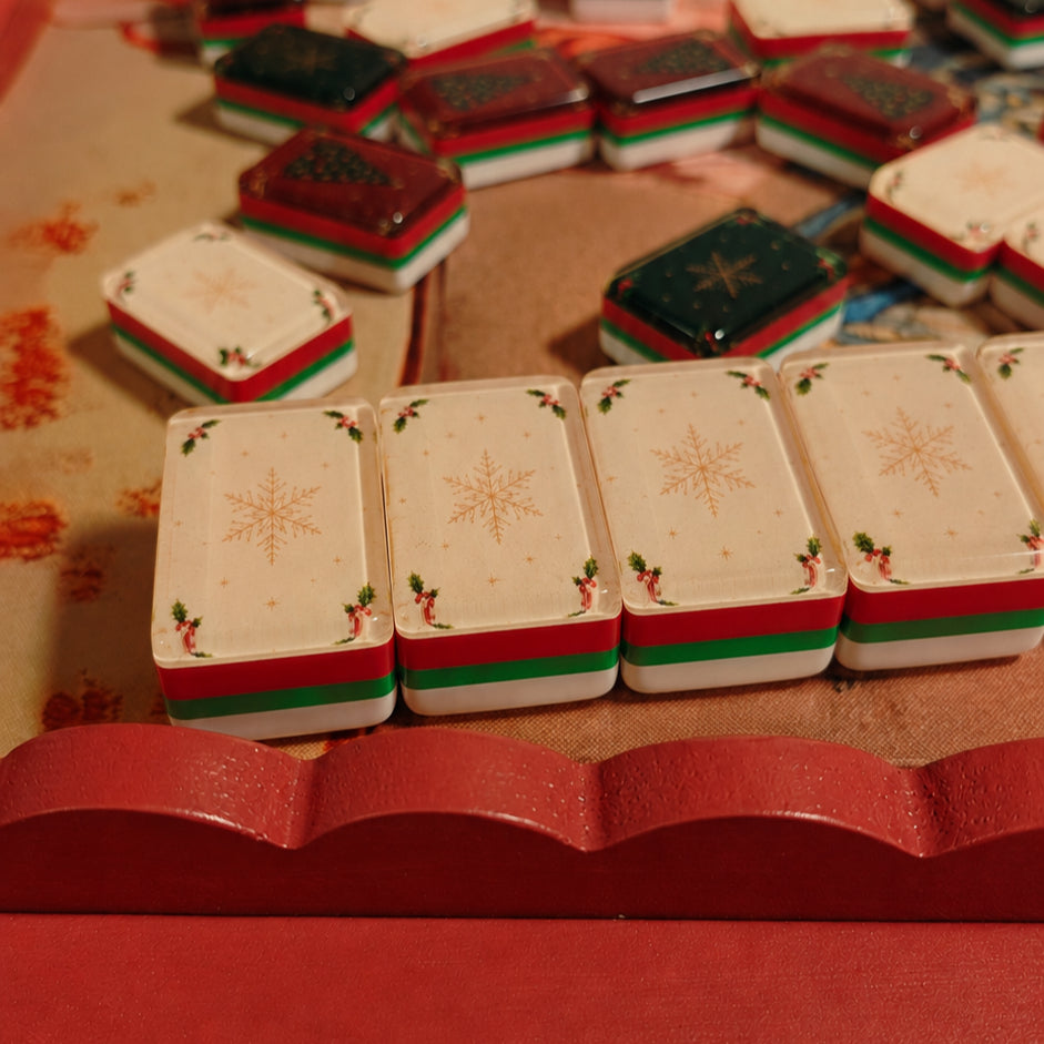 Close-up of Cream Christmas Star tile backs in the BamChive Christmas Magic American Mahjong set