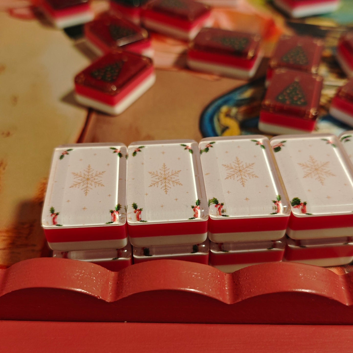 Close-up of cream snowflake backs on BamChive Cream Christmas Star American Mahjong tiles