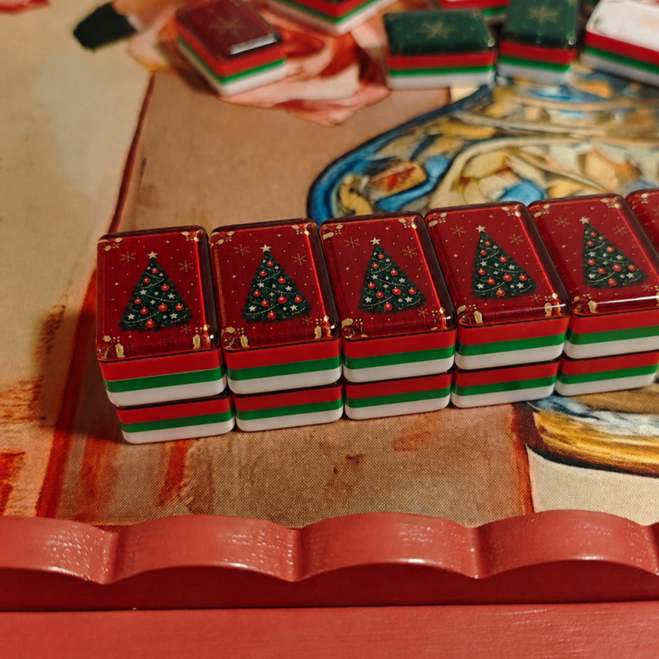 Close-up of Magic Christmas Tree tile backs in the BamChive Christmas Magic American Mahjong set