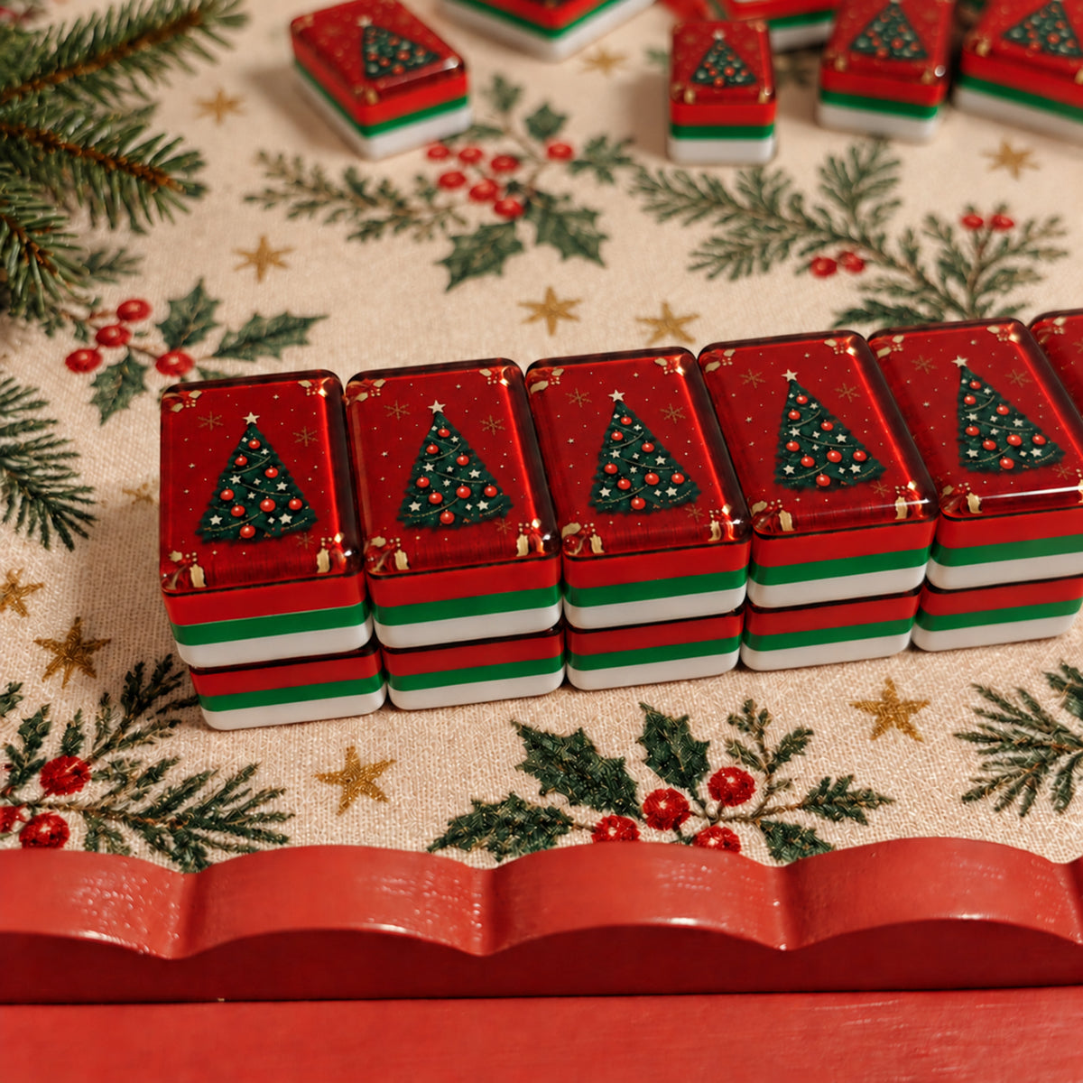 BamChive Magic Christmas Tree mahjong tile backs with red, green and white layered edges on a Christmas holly-patterned tablecloth.