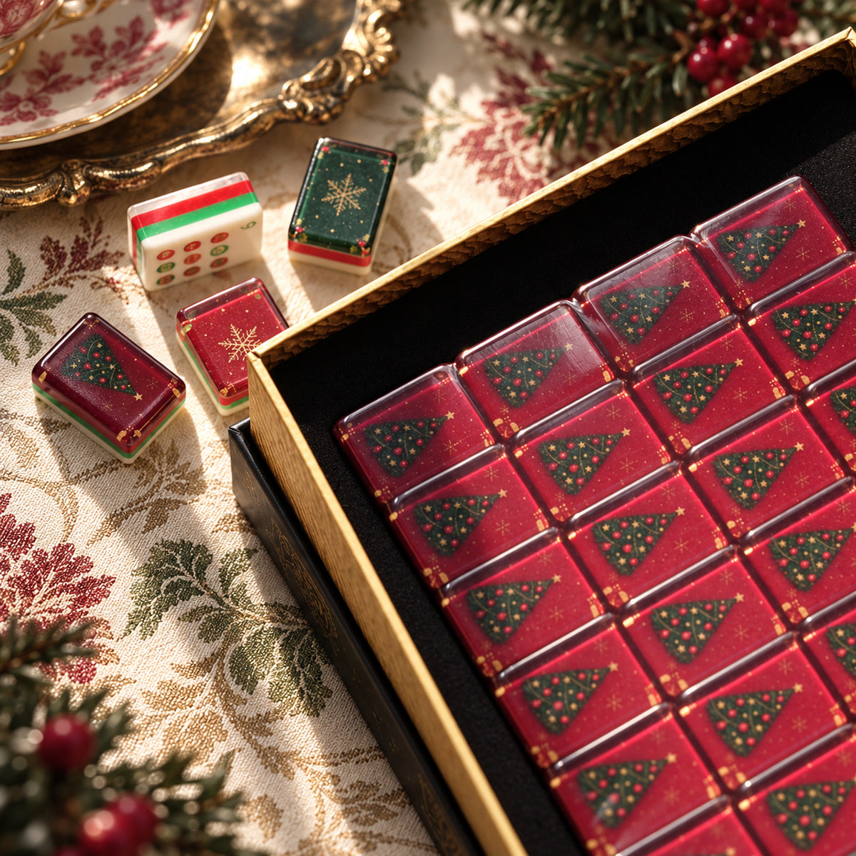 BamChive Magic Christmas Tree mahjong tiles in a gold-edged open box, with red tree backs and loose tile samples beside it.