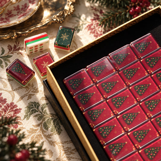 BamChive Magic Christmas Tree mahjong tiles in a gold-edged open box, with red tree backs and loose tile samples beside it.