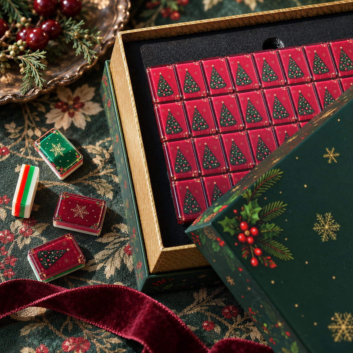 Open BamChive Magic Christmas Tree mahjong box with red tree-backed tiles, a partly lifted green lid, and loose tile samples.