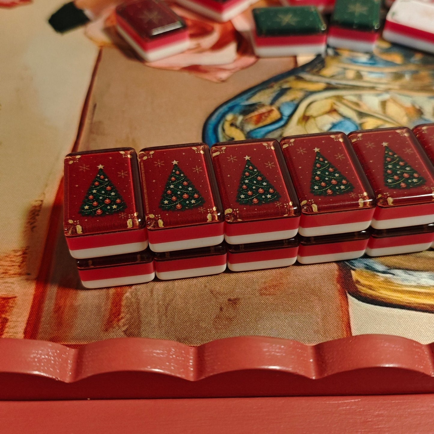 Close-up of Christmas tree backs on BamChive Magic Christmas Tree American Mahjong tiles