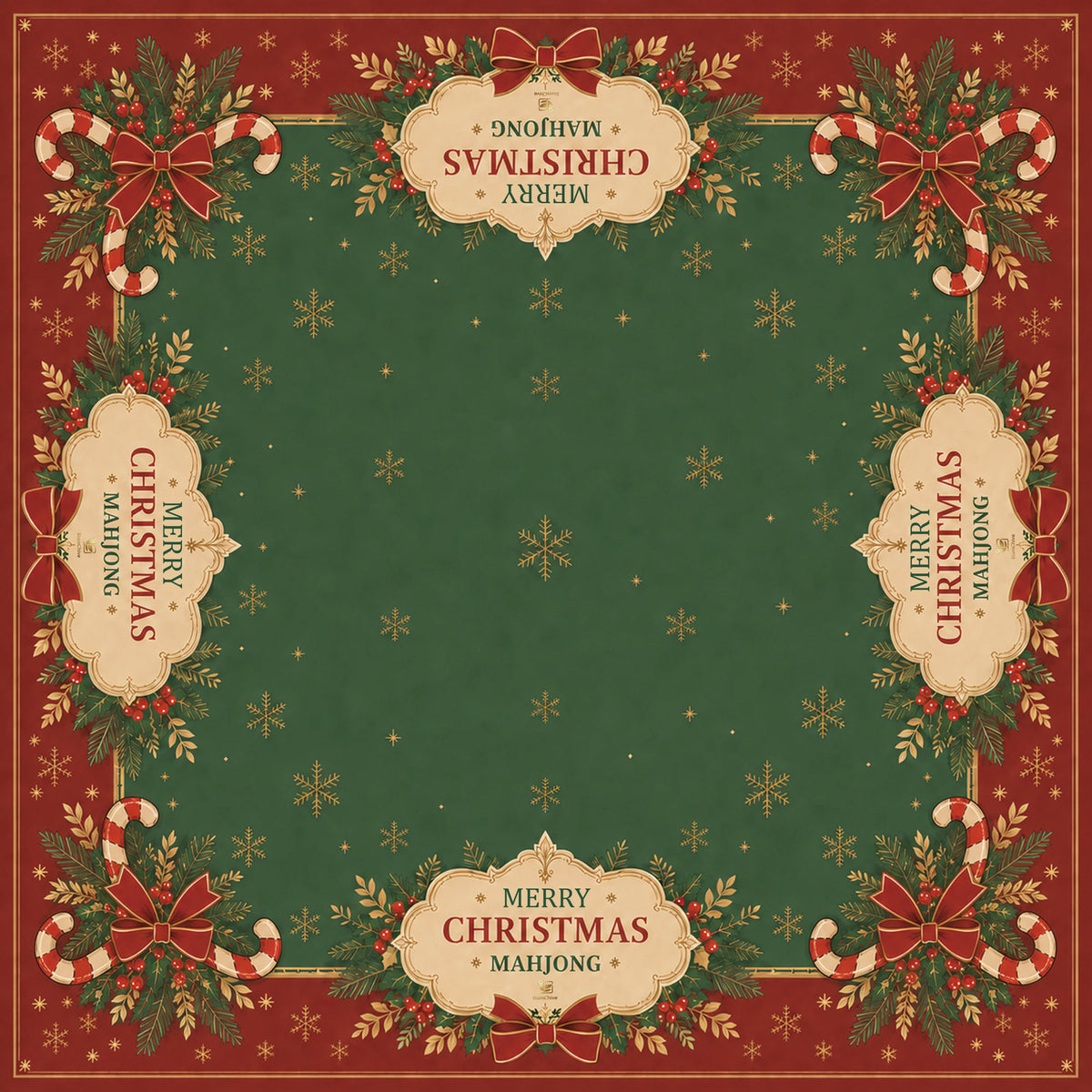 BamChive Christmas mahjong mat with a green center, red border, gold snowflakes, candy canes, and four Merry Christmas Mahjong panels.