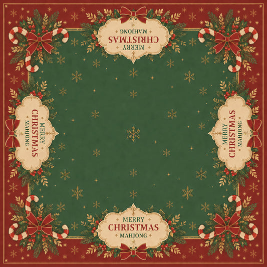 BamChive Christmas mahjong mat with a green center, red border, gold snowflakes, candy canes, and four Merry Christmas Mahjong panels.