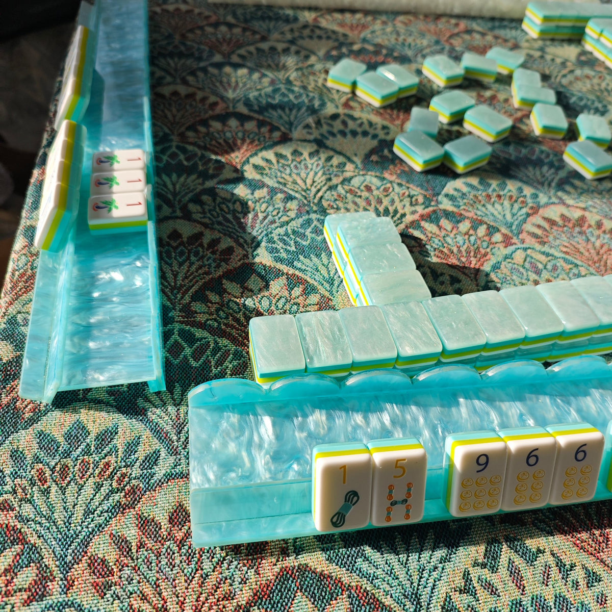 Blue BamChive pearlescent magnetic acrylic mahjong rack and pusher holding display tiles