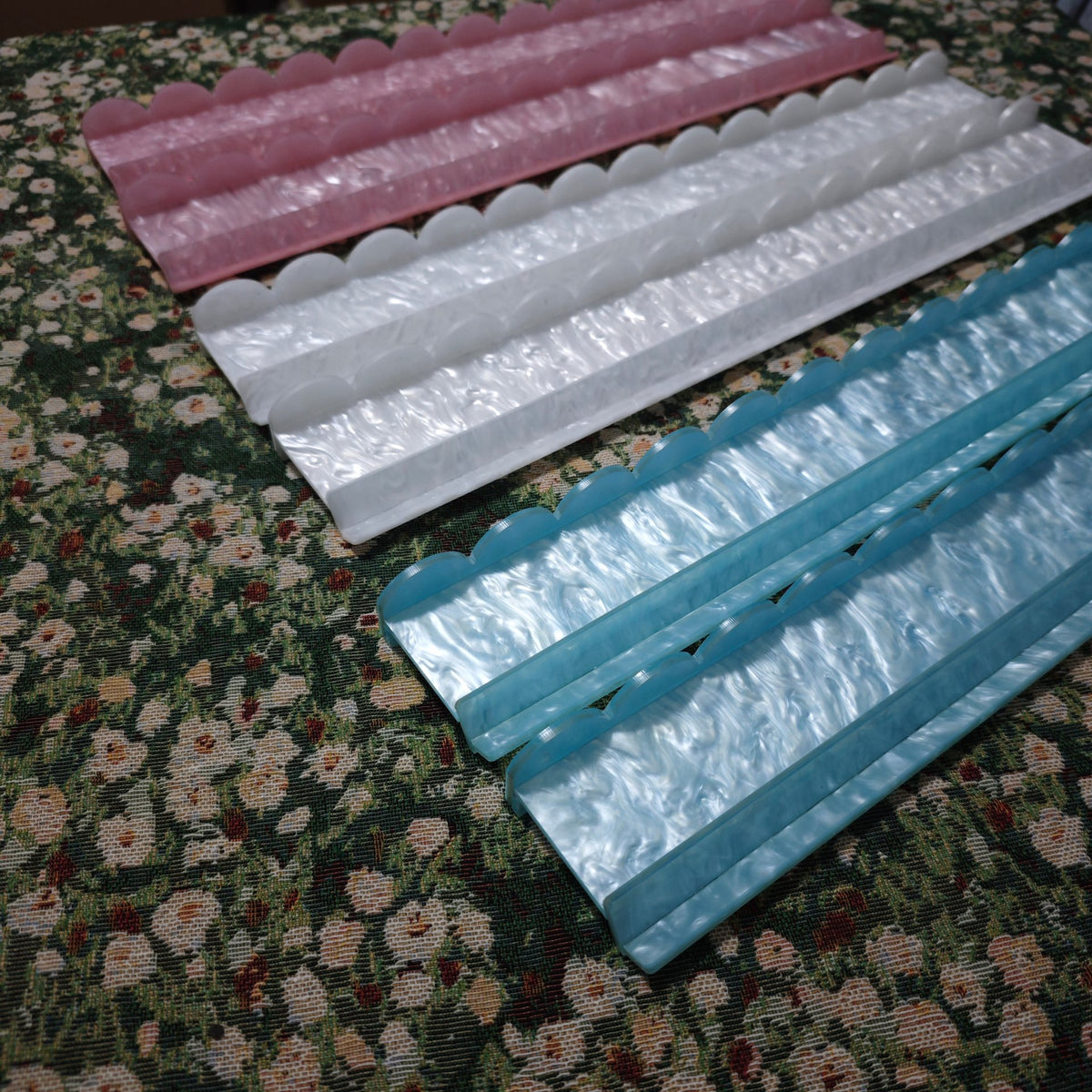 Pink, Blue, and White BamChive pearlescent magnetic acrylic mahjong racks and pushers