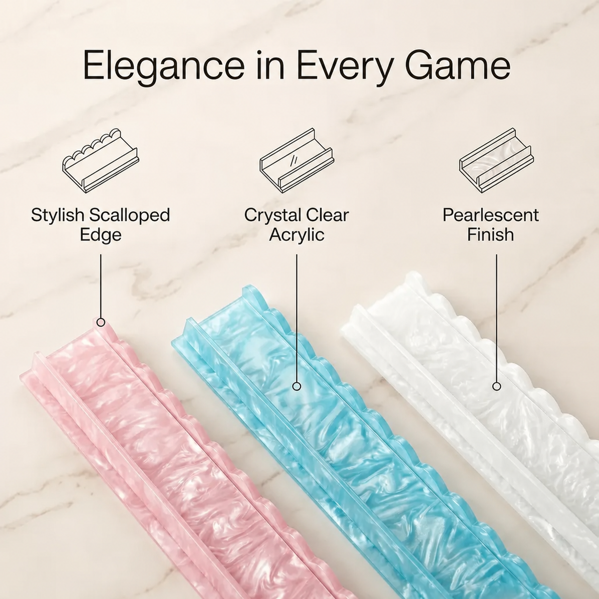 Pink, Blue, and White BamChive pearlescent magnetic acrylic mahjong racks and pushers with scalloped edges