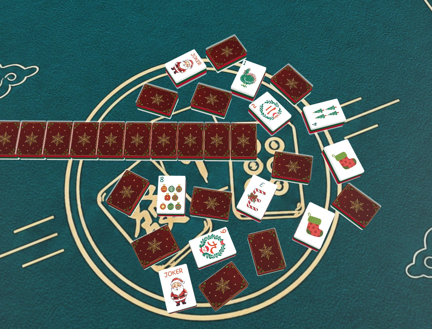 BamChive Red Christmas Star American Mahjong tiles showing festive faces and red snowflake backs during play