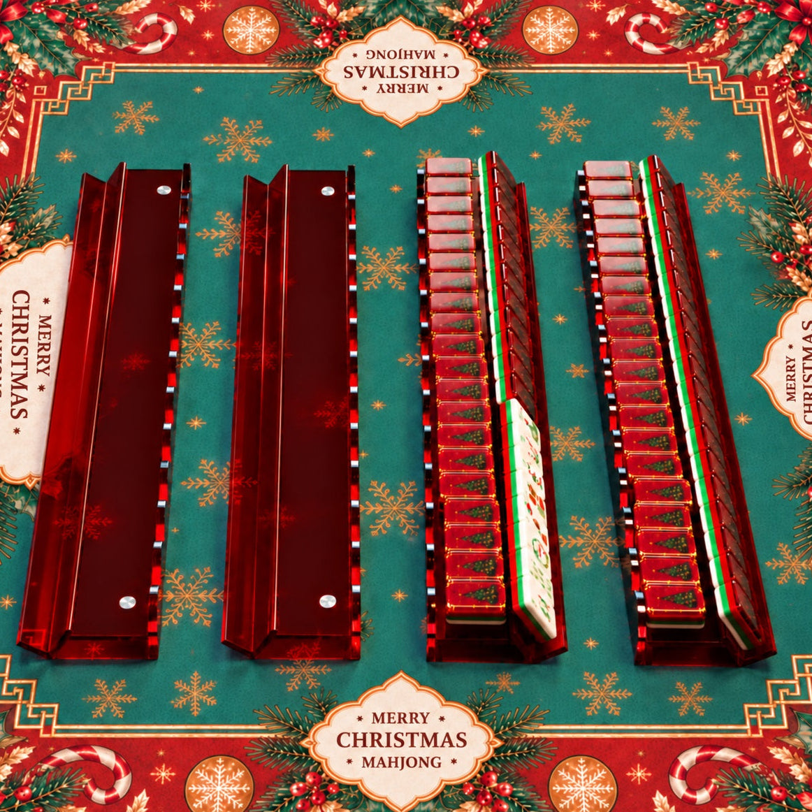 BamChive ruby red magnetic acrylic mahjong racks and pushers shown empty and with tiles on a Merry Christmas Mahjong mat.